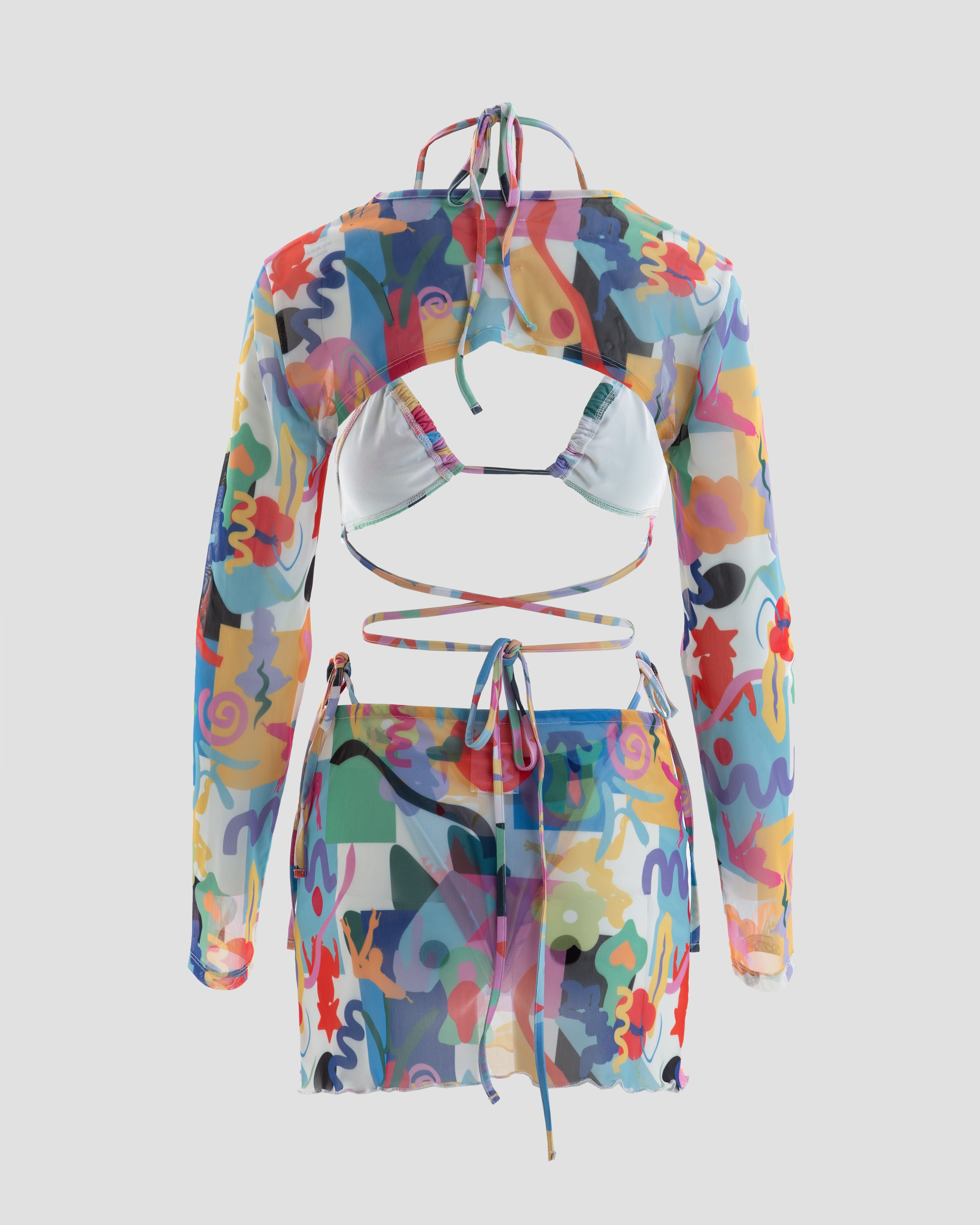 Teeny Mesh Long Sleeve Crop Shrug Top with Graphic Print in Multicolour